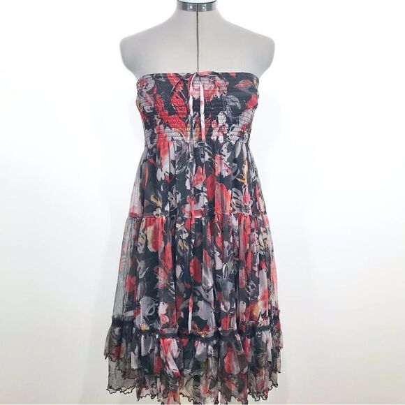 Lapis Dark Floral Whimsigoth Tiered Ruffle Smocked Versatile Halter Dress Skirt - Picture 3 of 16